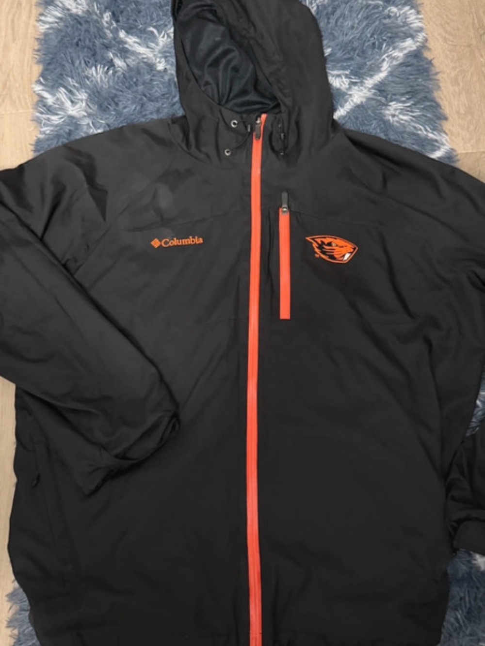 Columbia Men's Black Raincoat with Orange Trim and Logo